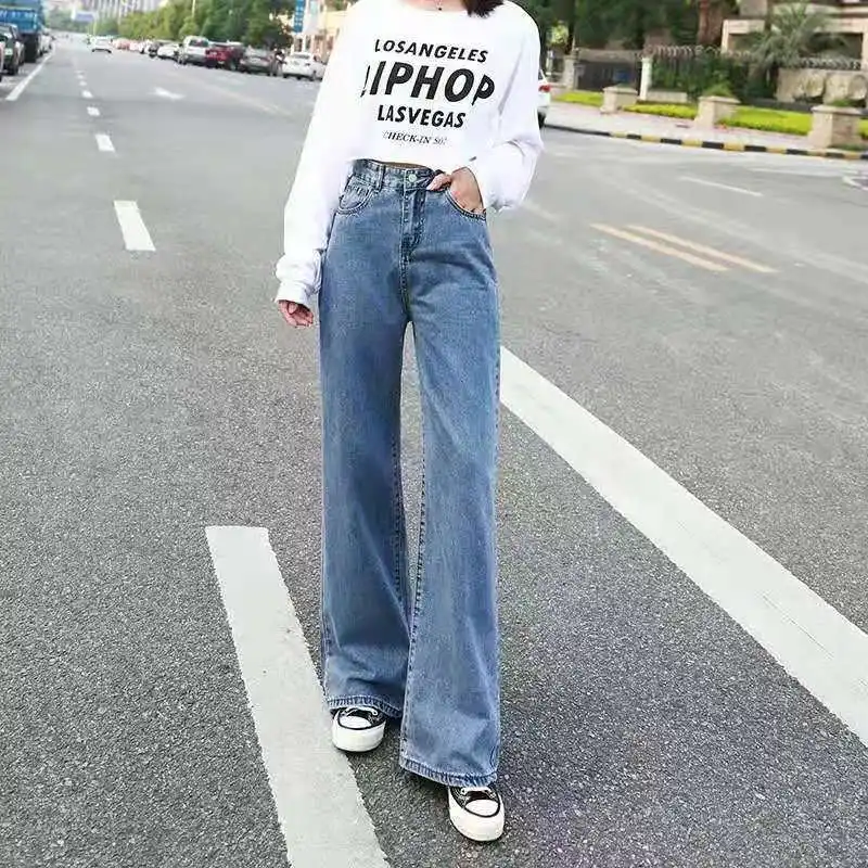 Женские джинсы Харадзюку, джинсовые штаны-шаровары с высокой талией, женские широкие синие джинсы, штаны в Корейском стиле, подходят ко всему