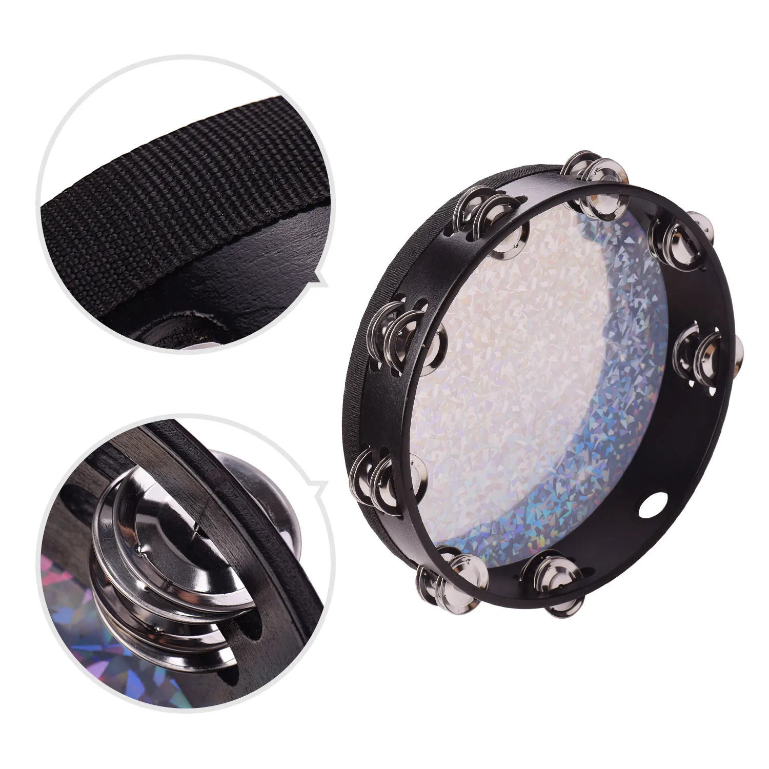8/10 Inch Wooden Radiant Tambourine Handbell Hand Drum with Double Rows Jingles Shining Reflective Drum Head