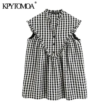 

KPYTOMOA Women 2020 Sweet Fashion Plaid Ruffled Mini Dress Vintage Short Sleeve With Lining Female Dresses Vestidos Mujer