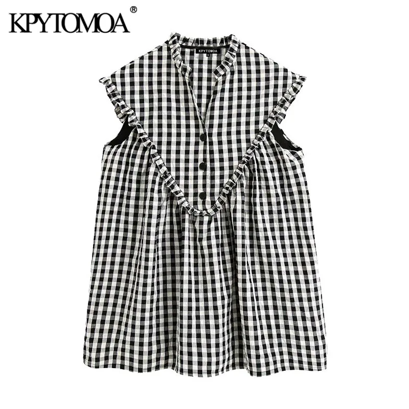 KPYTOMOA Women 2020 Sweet Fashion Plaid Ruffled Mini Dress Vintage Short Sleeve With Lining Female Dresses Vestidos Mujer KPYTOMOA Women 2020 Sweet Fashion Plaid Ruffled Mini Dress Vintage Short Sleeve With Lining Female Dresses Vestidos Mujer