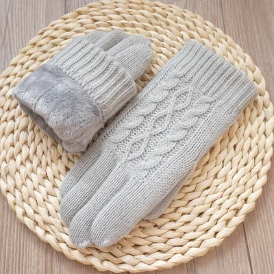 High Quality Women Knitted Wool Gloves Plus velvet thickening Winter Warm touch screen Gloves Female Driving Full Fingers Mitten - Цвет: Cyan gray