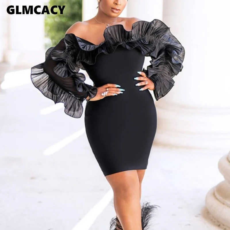 

Women Long Sleeve Off Shoulder Bodycon Dress Ruffles Sexy Mini Dress Night Club Party Dress Elegant Evening Vesttidos