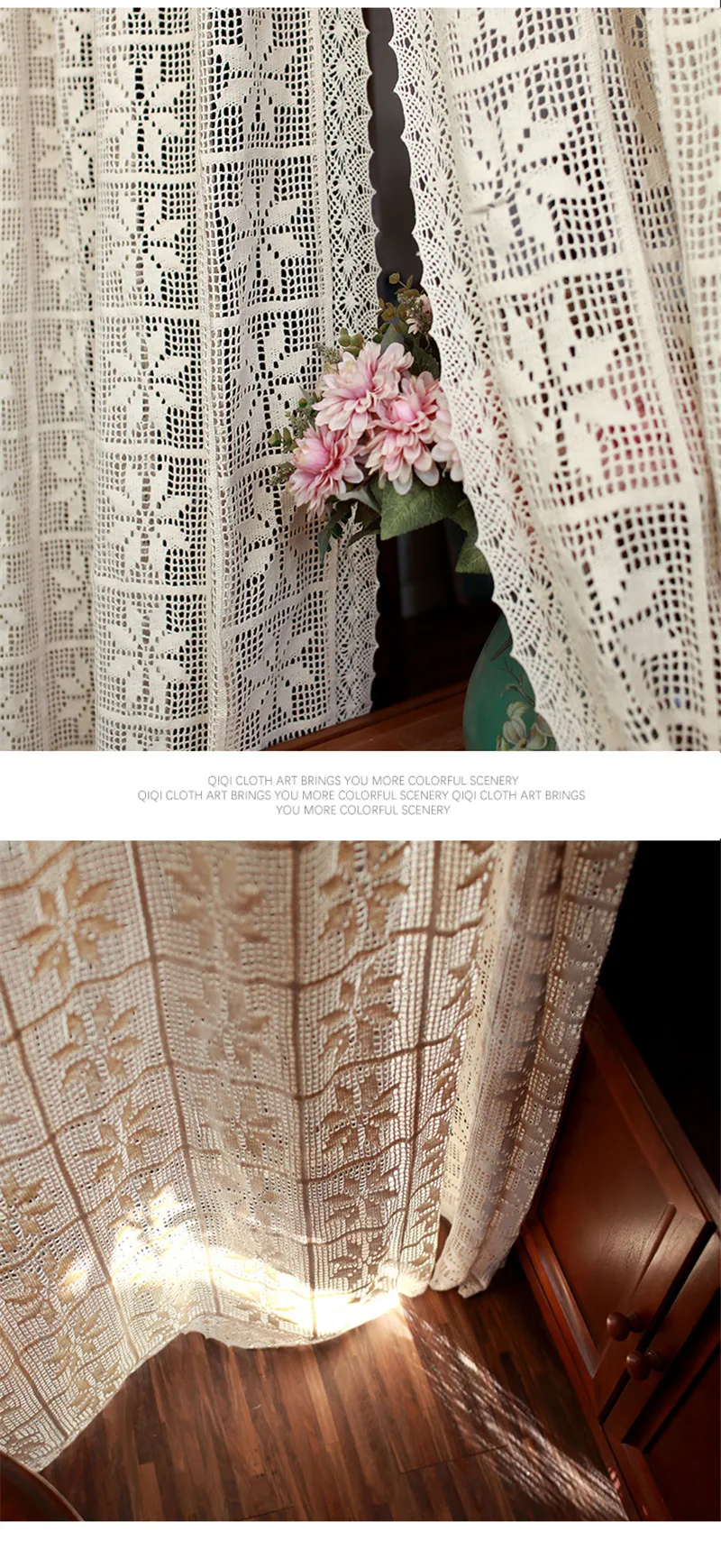 Retro Beige Cotton Thread Crochet Lace Hollow Sheer Curtain For Living Room American Rustic Handmade Ready Made Curtains Tulle#4