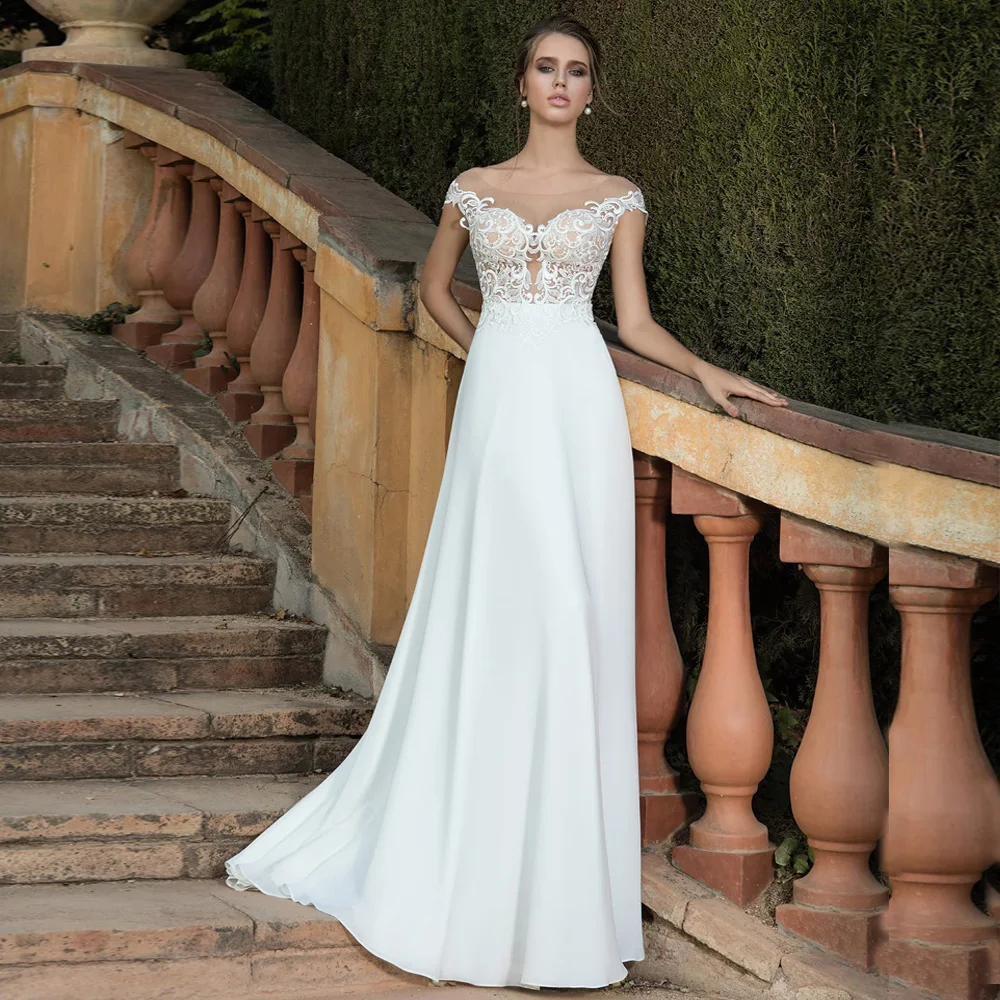 Недорогое свадебное платье Vestido De Noiva с коротким рукавом и аппликацией, шифоновое свадебное платье Бохо размера плюс с пуговицами сзади