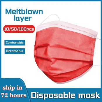 

10/50/100pcs 3-layer Face Mask Disposable Mouth Masks Non Woven Disposable Anti-dust Masks Earloops Adult Red Masks