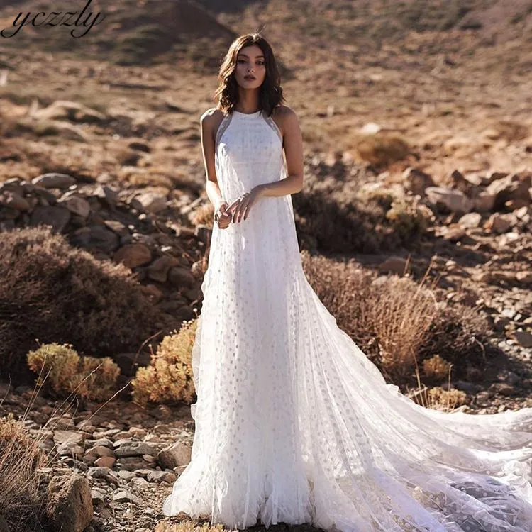 

Vestido Noiva 2019 Simple Halter Mermaid Wedding Dresses With Dot Tulle Long Boho Wedding Dress Plus Size Robe De Mariee W140
