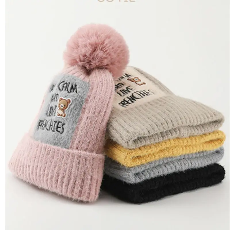 

Toddler Kids Ribbed Knit Winter Hat Thermal Warm Cute Cartoon Bear Beanie Cap