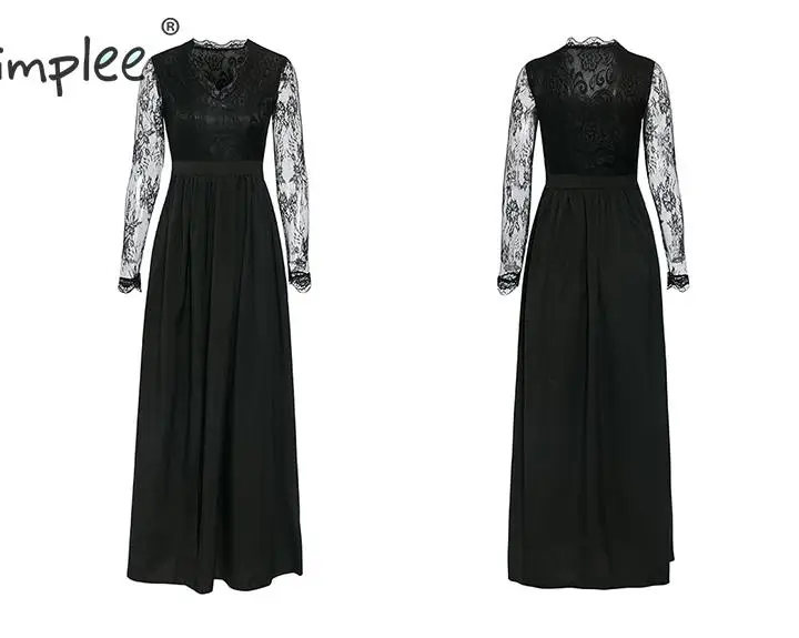 Simplee Sexy v-neck women party dress Embroidered floral hollow out lace maxi dress Elegant lady chic autumn evening long dress