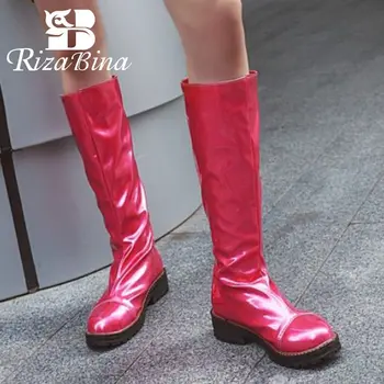 

RIZABINA Fashion Women Knee High Boots 5 Color Patent Leather Winter Warm Shoes Round Toe Solid Color Women Footwear Size 34-43