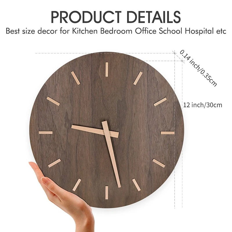 Fashion-12-Inch Large Wooden Wall Clock Battery Operated Mute, with Walnut Wood Dial and Stereo Scale Wooden Kitchen Dining Room