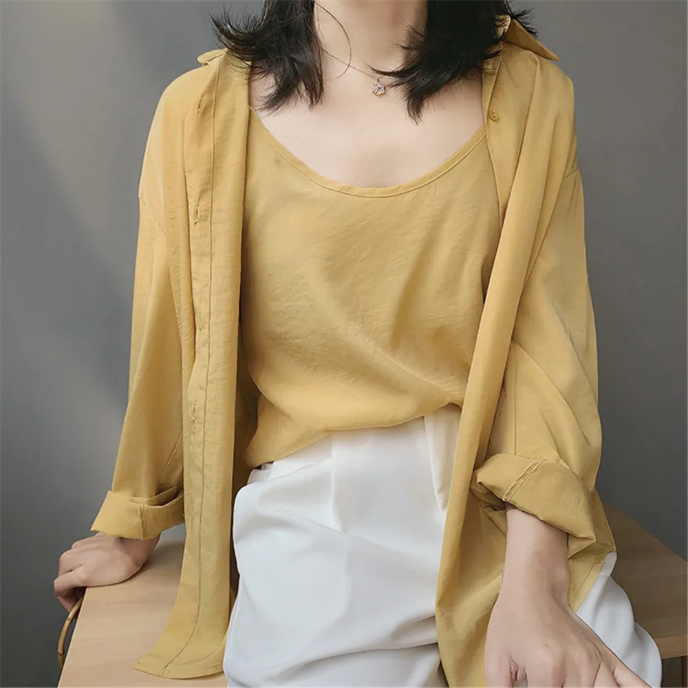 High quality 2pcs Women Blouse Shirt 2020 Summer Solid All match Satin Blouses Shirts Femal Blouse+halter tops Z1082 (36)