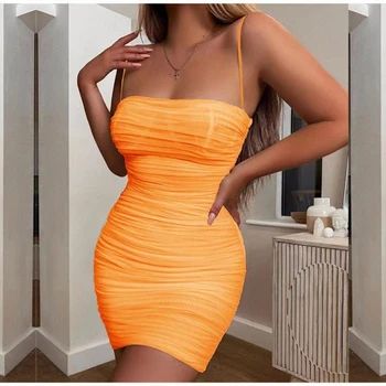 

Fashion Pleated Gauze Bodycon Dress Multicolor Strapped Party Dress Slim Fit Summer Dress White Short Dress for Women and Girls