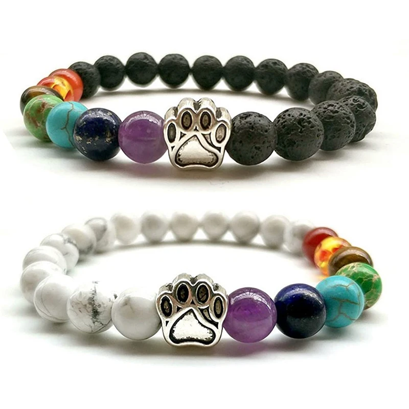 

Natural Stone 7 Chakra Dog Paw Charm Lava Rock Mala Beads Elastic Bracelet Yoga Meditation Healing Bangle Gemstone Bracelet
