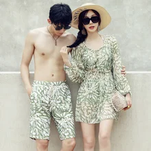 Парные купальные костюмы из 3 предметов, комплекты бикини с длинными чехлами, мужские пляжные шорты, купальный костюм с принтом для влюбленных, Пляжное Платье