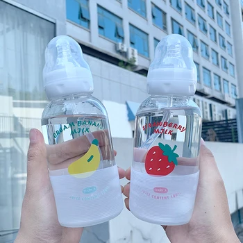 

cute Fruit water bottle transparent glass creative fashion personality straw pattern female student couple portable cup