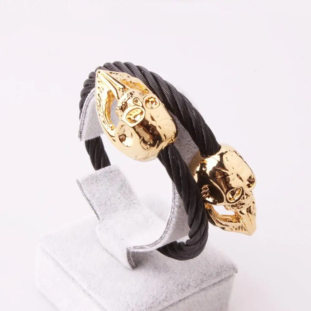 Мужской браслет с двойным черепом, регулируемый браслет из нержавеющей стали крученый провод, черный браслет золотого цвета проволочные браслеты, ювелирные изделия