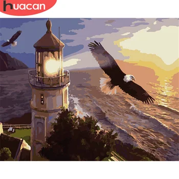 

HUACAN Painting By Number Tower Drawing On Canvas Gift DIY Pictures By Numbers Seascape Kits Hand Painted Paintings Home Decor