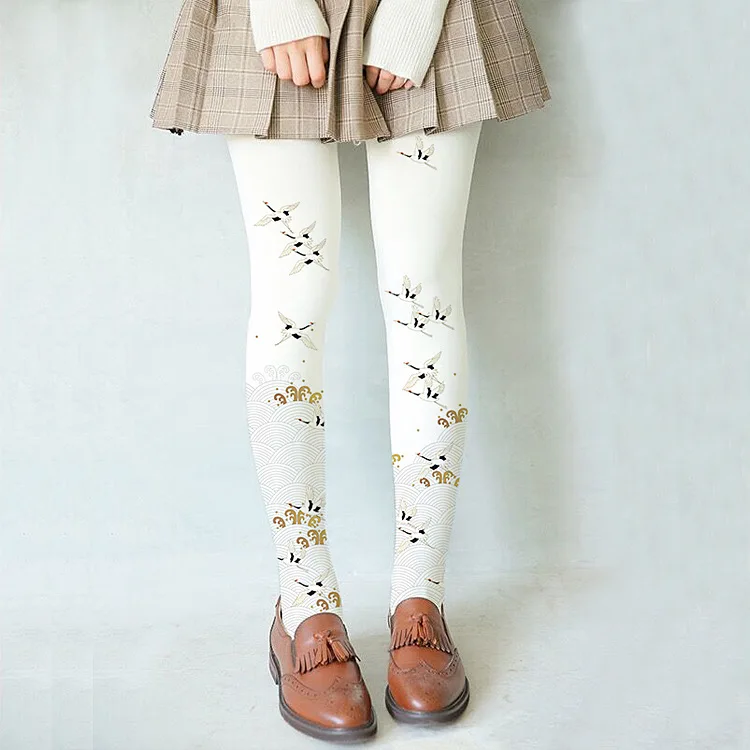 

NEW fall sweet lovely Japanese lolita girl's Velvet tights 80D vintage Crane spray print off white Pantyhose Stockings HR