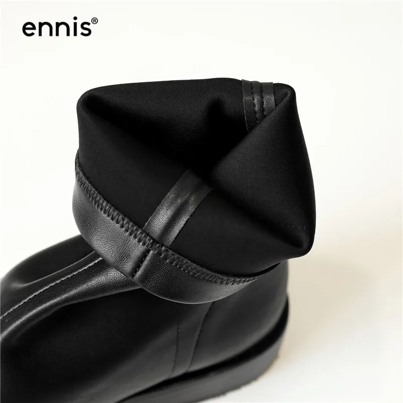 ENNIS/ г. Модные ботинки на плоской подошве женские ботинки до середины икры из черной лакированной кожи дизайнерские ботинки из замши на низком каблуке Осенняя женская обувь, A9164