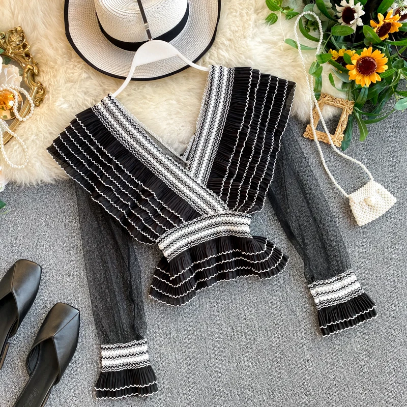Neploe шикарная элегантная кружевная Лоскутная Блузка с оборками и v-образным вырезом, с длинным рукавом, черный, белый цвет, подходит к блузкам, осень-весна, рубашка 48467