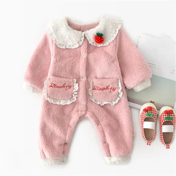 

Newborn Baby Rompers Long Sleeve Strawberry Print Flannel Rompers Autumn Winter Girl Clothing Kid Jumpsuit Overalls For Children