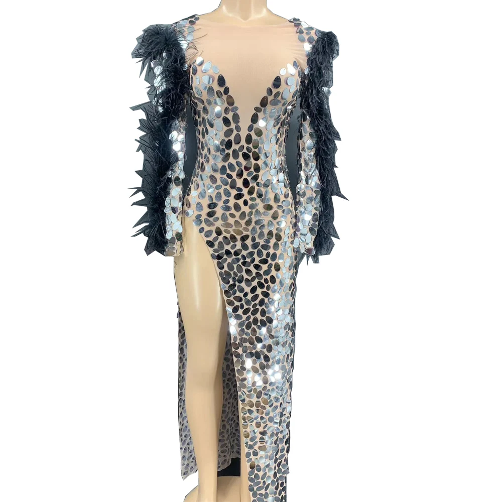 Женское платье с блестками Drag Queen дизайнерский костюм черными перьями V-образным