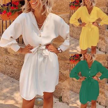 

2020 New Blouse Womens Fashion Solid Color Long Shirt Beach Shirt With Waist Strap Button Loose Shirt White Green Spring Summer