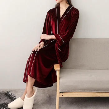 

Unisex Flannel Robe Pajamas Lace Up V Neck Solid Color Long Bath Robe with Side Pockets Sexy Nightgow Night Dress Sleepwear