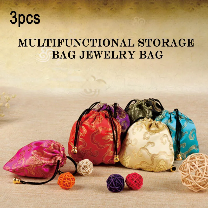 

3Pcs/Set Brocade Jewelry Pouch Bag Drawstring Coin Purse Gift Bags Best Sale-WT