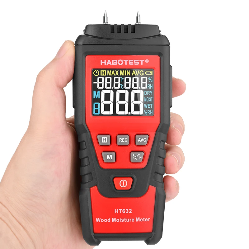 

HT632 Timber Damp Detector Data Hold Digital Wood Moisture Temperature Meter LCD Display with Pin