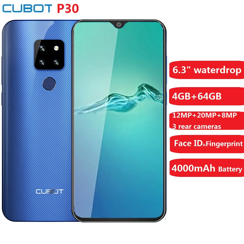 

Cubot P30 Smartphone 6.3" 2340x1080p 4GB+64GB Android 9.0 Pie Helio P23 AI Cameras Face ID 4000mAh Cell Phone for Dropshipping