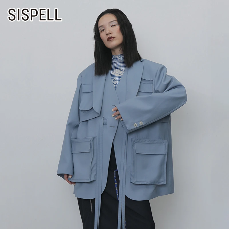 

SISPELL Patchwork Pocket For Female Blazers Coat Lapel Collar Long Sleeve Lace Up High Waist Slim Women's Suit Autumn Streetwear