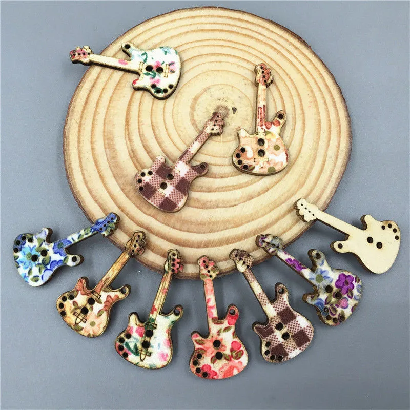 

DIY 100pcs Electric guitar Shape Wooden buttons Cloth printing Sewing scrapbook craft 34mm