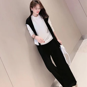 

French gentle wind small shawl false two sweaters two-piece women spring wide-legged pants web celebrity western style suits