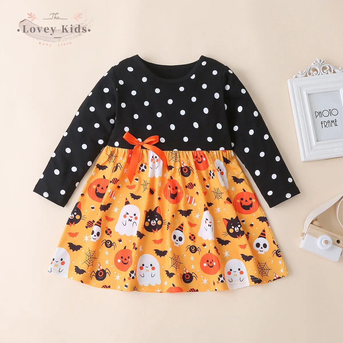 

2020 Halloween Baby Girl Dresses Sweet Halloween Pumpkin Dot Pattern Round Long Sleeve Patchwork Loose Costume
