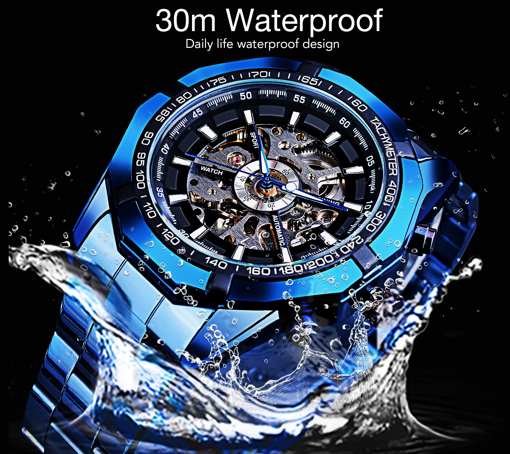 Forsining Mechanical Men's Wristwatch Skeleton Hollow Automatic Watch 3Bar Stainless Steel Men Watches Blue Fashion Reloj Hombre mechanical watch