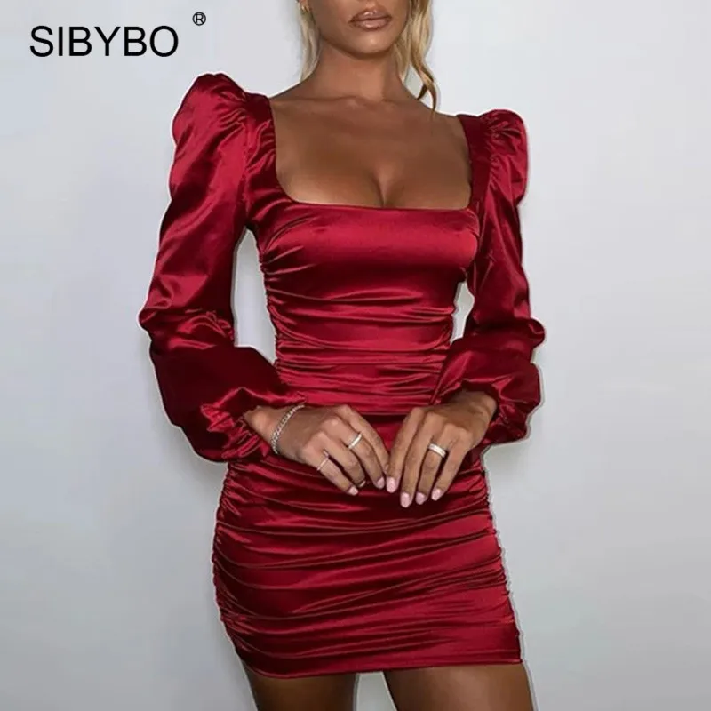 Женское атласное облегающее платье SIBYBO мини с длинным рукавом и квадратным воротником на осень элегантные