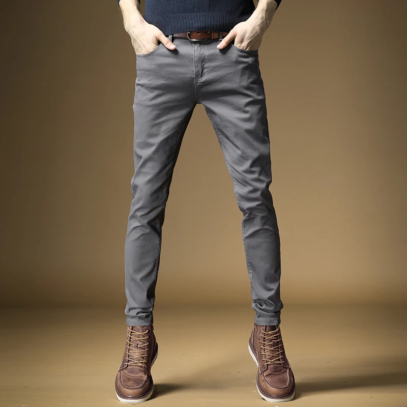

Men Jeans Stretch Straight Pants Slim Fit Business Streetwear Cotton Pure Color Denim Trousers