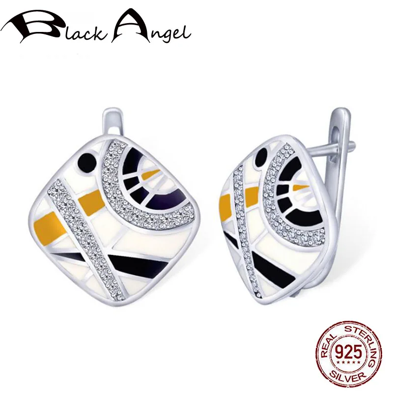 

Handmade Enamel Fantasy Ferris Wheel Earrings Authentic Silver 925 Jewelry Square Inset CZ Ear Stud oorbellen For Women