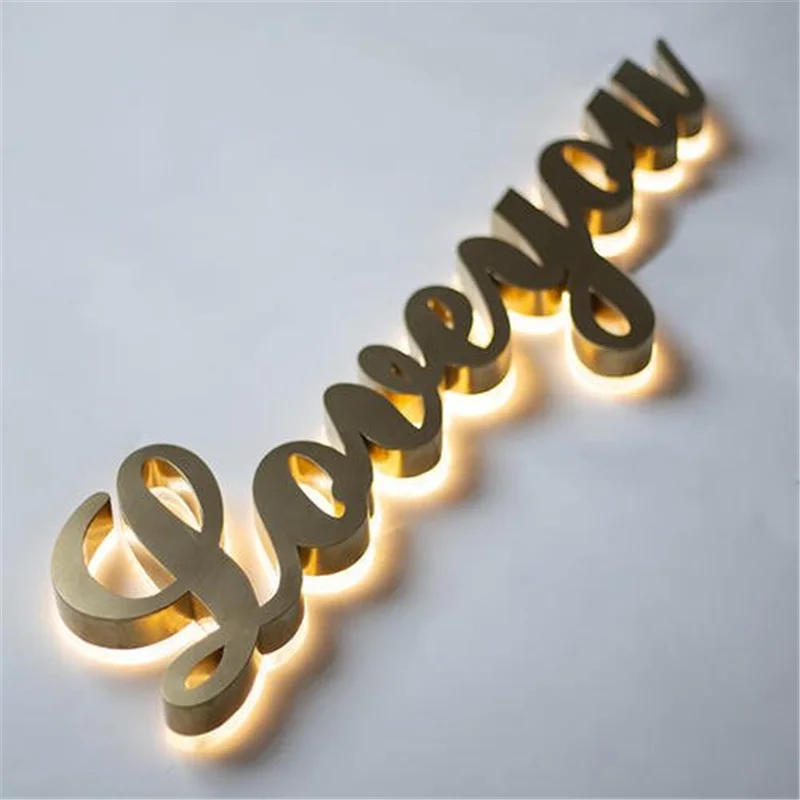 

Customized Outdoor back lit gold color LED letter shop signs, stainless steel rear lighted led character logo sign