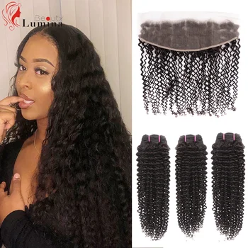 

Bundles With Frontal Ear to Ear Lace Frontal Closure Pre Plucked Malaysian Kinky Curly Human Hair Remy Hair Bundles With Frontal