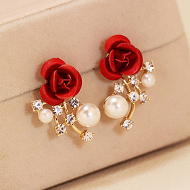 Fashion Jewelry Red Rose Drop Earrings Women Vintage Rhinestone Flowers Dangle Earring Weddings Engagement Party Jewelry
