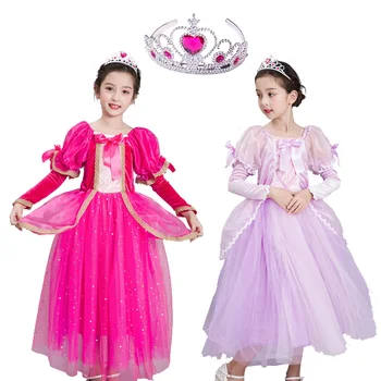 

Girls Full Elsa Sophia Dress Costume Pink Red Snow Queen Princess Dress up Halloween Christmas Party Cosplay Fantasy with Crown