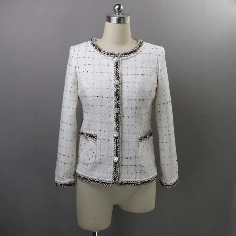 

2020 New Runway Lady Slim Fit Tweed Jacket Women Plaid Autumn Long Sleeve Single Breasted Office Coat Twill Gold Edge Jackets