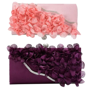 

2 Pcs Lady Satin Clutch Bag Flower Evening Party Wedding Purse Chain Shoulder Handbag , Purple & Pink