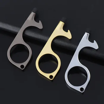 

Gold Silver Color Metal Safety Touchless Door Handle Opener Key Hook Hands Free Press Elevator Tool Keychain with Silicone Head