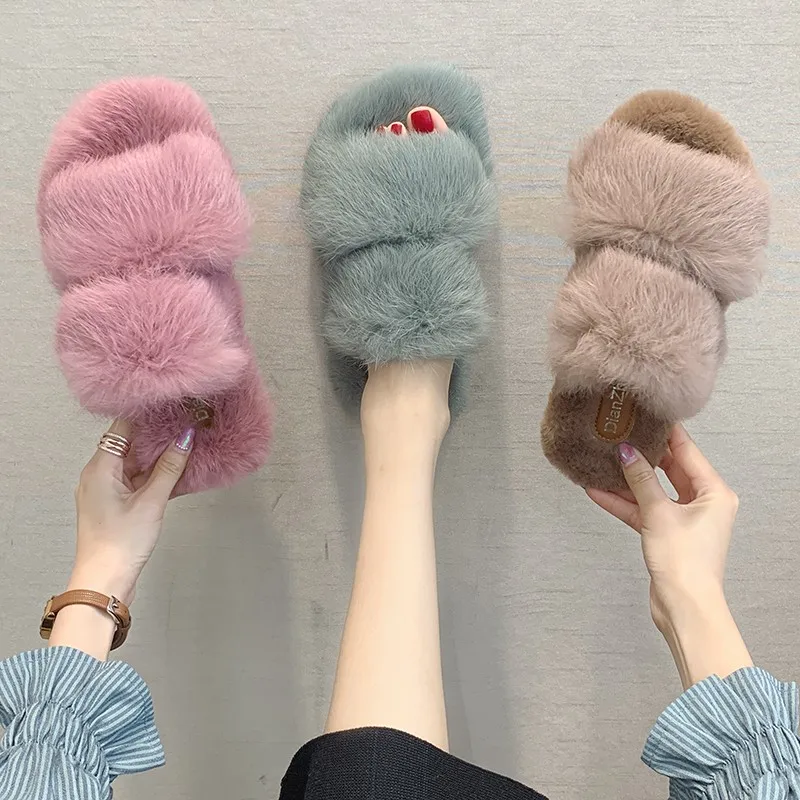 

Shoes Without Heel Flock Butterfly-knot Low Women's Slippers 2019 Slides Pokemon Plush Fashion Flat New Fur Winter Luxury with