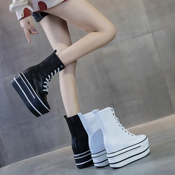 

Black White Women Fashion Chunky Heel 11cm Boots Platform High Top Ankle Boots Women Autumn Winter Lace Up Increasing Shoes A435