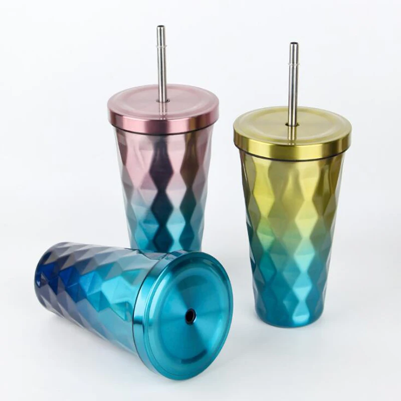304 Stainless Steel Mugs 500ml Double Wall Drinking Cups Irregular Diamond Tumbler Straw Coffee Mugs With Lid