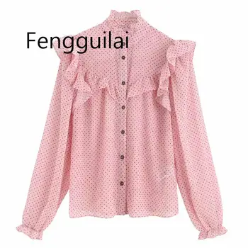 

2020 Women Sweet Cascading Ruffles Dots Printing Casual Blouse Shirts Female Long Sleeve Chiffon Chemise Chic Blusas Tops